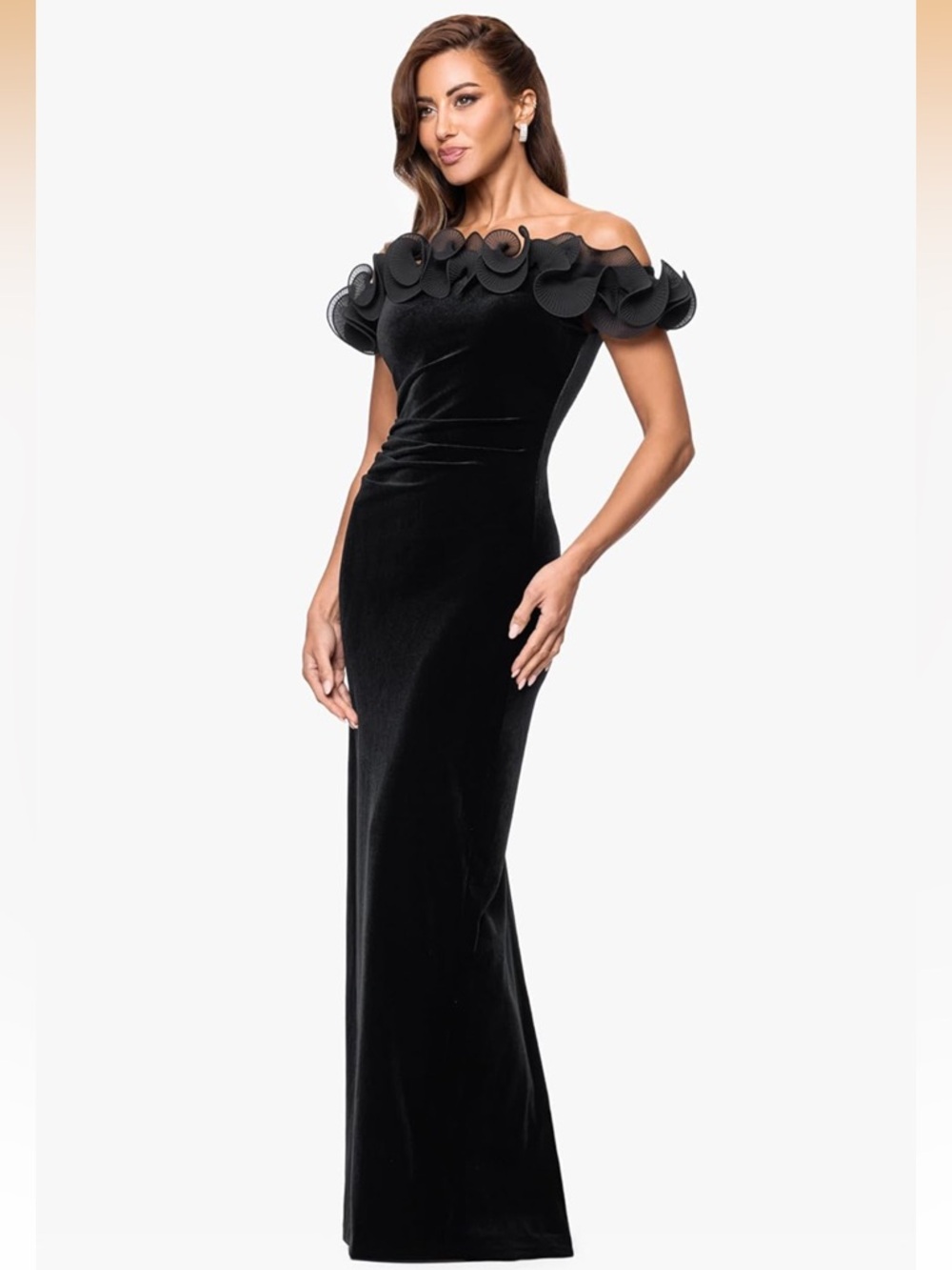 XSCAPE “TAMMIE" VELVET OFF THE SHOULDER RUFFLE FLOOR LENGTH DRESS - Size 6